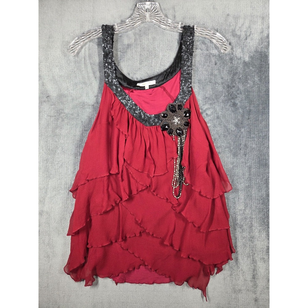 Matty M Tank Top 100% Silk Womens Size M Burgundy Black Sequins Jeweled Flower